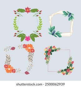 Set of different floral frame from flat editable stroke. Luxury line floral collection for wedding invitation art, design template of save the date card. Botanical vector illustration, lined herbs
