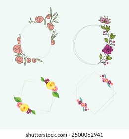 Conjunto de diferentes marcos florales de trazo editable plano. Colección floral de la línea de lujo para el arte de la invitación de la boda, Plantilla Guardar del diseño de la tarjeta de la fecha. Ilustración vectorial botánica, hierbas forradas