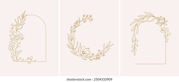 Conjunto de diferentes marcos florales de trazo editable plano. Colección floral de la línea de lujo para el arte de la invitación de la boda, Plantilla Guardar del diseño de la tarjeta de la fecha