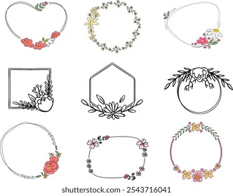 Set of different floral frame from flat editable stroke. Luxury line floral collection for wedding invitation art, design template of save the date card. Botanical vector illustration, lined herbs