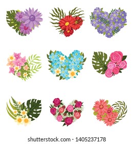 Set of different flower arrangements. Vector illustration on white background.