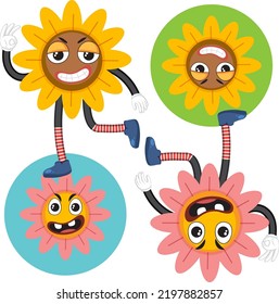Set of different flower cartoon characters illustration