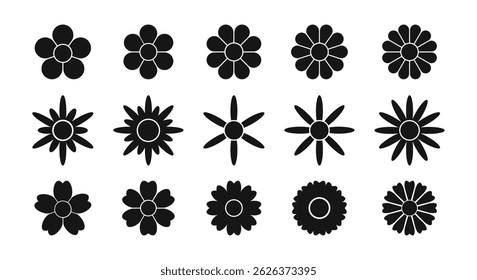 Satz verschiedener Blumensymbole. Gänseblümchen, Chrysantheme oder Gerbera-Silhouetten einzeln auf weißem Hintergrund. Kollektion von Blumendesign-Elementen. Frühlings- oder Sommerkonzept. Vektorgrafik.