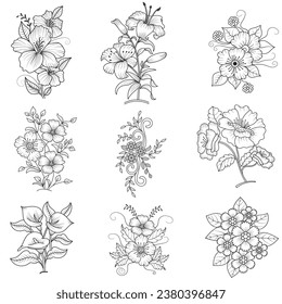 Set of different flower line on white background. Flowers drawing with line-art on white backgrounds. 
