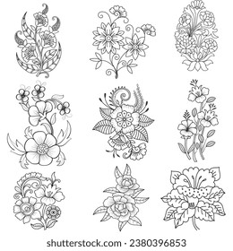 Conjunto de diferentes líneas florales sobre fondo blanco. Dibujo de flores con arte lineal sobre fondo blanco. 