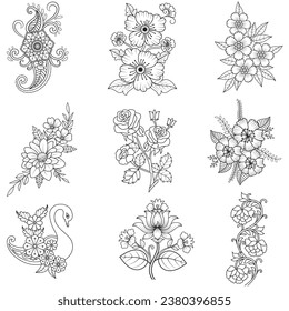 Set of different flower line on white background. Flowers drawing with line-art on white backgrounds. 