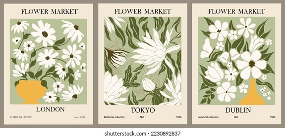 Set of different Flower Market Posters. Modern style, trendy sage green colors. Abstract daisy, tulips, chrysanthemum flowers. Vector colorful illustrations, perfect for wall art, cards, covers etc.