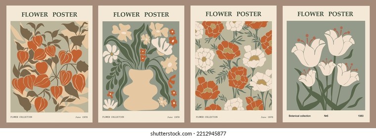 Set of different flower posters. Modern style, trendy pastel colors. Abstract daisy, poppy, marigold flowers. Vector colorful illustrations, perfect for wall art, cards, covers etc.