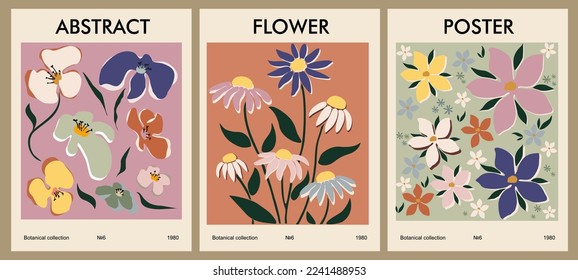 Set of different flower posters. Modern style, trendy pastel colors. Abstract daisy, poppy flowers. Vector colorful illustrations, perfect for wall art, cards, covers, backgrounds