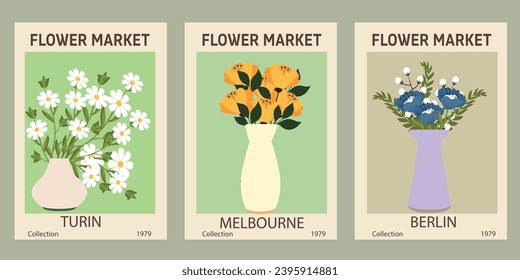 Juego de diferentes afiches florales. Estilo moderno, colores pastel de moda. Resumen margarita, amapola, flores de marjol. Ilustraciones vectoriales coloridas, perfectas para arte de pared, tarjetas, cubiertas. Ilustración del vector