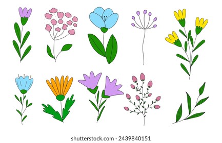 Set of different flowers and branches, doodle style vector