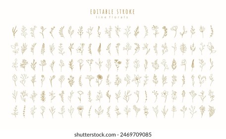 Set of different flowers and brunch from flat editable stroke. Luxury line floral collection for wedding invitation art, design template of save the date card. Botanical vector illustration