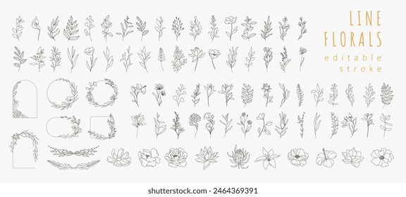 Set of different flowers, brunch and frames from flat editable stroke. Luxury line floral collection for wedding invitation art, design template. Botanical vector