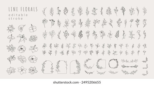 Set of different flowers, brunch and frames from flat editable stroke. Luxury line floral collection for wedding invitation art, design template. Botanical vector