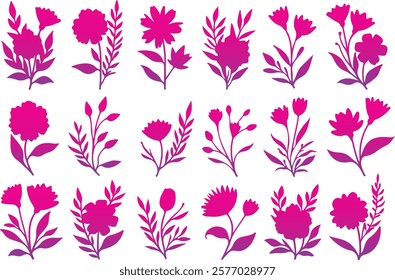 Set of different flowers, brunch and frames from flat editable stroke.