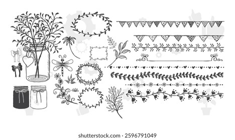 Set of different flowers, brunch and frames from flat editable stroke. Luxury line floral collection for wedding invitation art, design template. Botanical vector