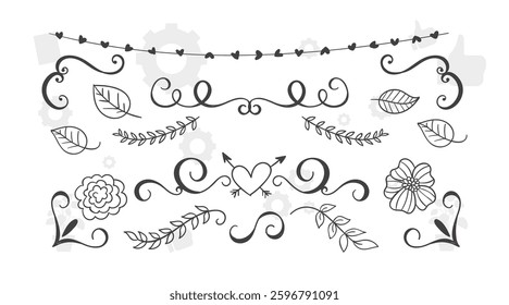 Set of different flowers, brunch and frames from flat editable stroke. Luxury line floral collection for wedding invitation art, design template. Botanical vector