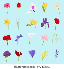 Set of different flowers color flat icons for web and mobile design