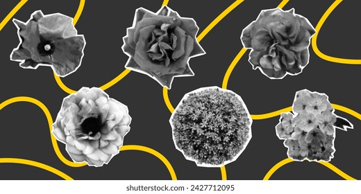 A set of different flowers cut out from a magazine on a dark background with yellow stripes. Halftone collage elements, torn paper, banner with plants.