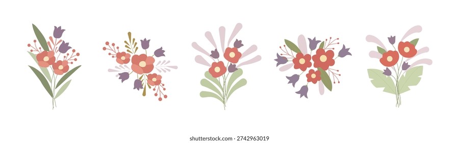 set of different flowers decoration on white background. Plants one line illustration. Wild flowers vector collection. herbs, herbaceous flowering plants. vector illustration.
