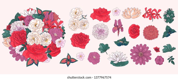 Set of different flowers in doodle sketch style. Hand drawn elements for wedding floral design, vector illustration. Spring blossom.