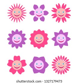 Set of different flowers with human smiling faces. Multicolored illustrations in cartoon style isolated on white background. Vector EPS10