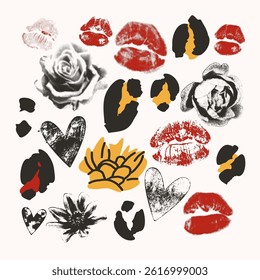 Set of different flowers, lips, hearts, leopard spots. Vector illustration, print, design elements. Vintage halftone, mixed media