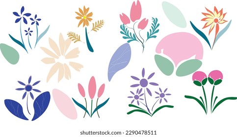 Set of different flowers on white background. Сollection with leaves, floral bouquets, flower compositions. Set of floral branch. Flower pink rose, green leaves. Spring flowers.