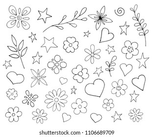 Set of different flowers, plants, hearts. Vector illustration in the style of doodle.