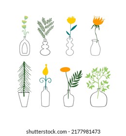 Montaje de las diferentes flores en plantas en jarrones. Elemento de diseño vectorial floral. Moderna y de diseño. 