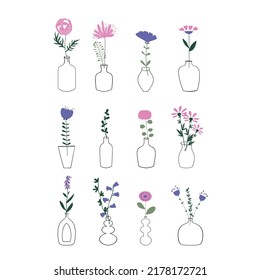 Set of the different flowers in plants in vases. Vector floral design element. 