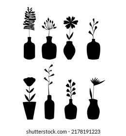 Set of the different flowers in plants in vases. Black silhouettes. Vector floral design element. 