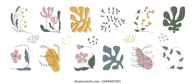 A set of different flowers, twigs, leaves hand-drawn. Set of abstract trendy floral in Matisse style. Modern boho art, minimalist botanical flower for print poster home interior decor.