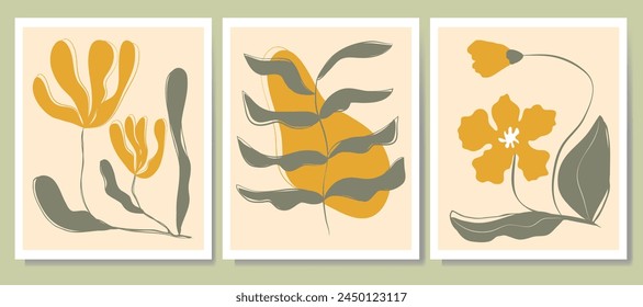 Ein Satz verschiedener Blumen, Zweige, Blätter handgezeichnet. Set von abstrakten trendigen Blumen im Matisse-Stil. Moderne Boho-Kunst, minimalistische botanische Blume für Print-Poster Home Innendekor.