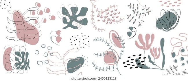 A set of different flowers, twigs, leaves hand-drawn. Set of abstract trendy floral in Matisse style. Modern boho art, minimalist botanical flower for print poster home interior decor.