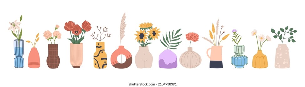 Set of different flowers in vases. Blooming plants, dried bouquets, green branches in elegant glassware and pottery. Hand drawn vector illustration isolated on white background. Flat cartoon style.