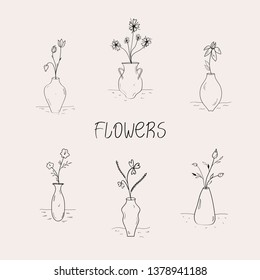 Set of different flowers in vases with the "flowers" word.