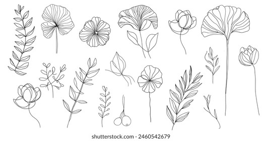 set of different flowers. Vector collection outline flowers and leaves. For wedding invitations, greeting cards, logos, packaging design, fabric prints, scrapbooking, digital artwork, branding. 