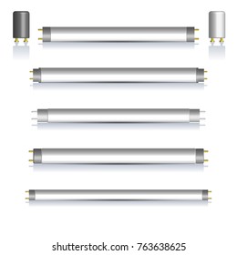 Set of different fluorescent lamps and starters with mirror reflection, isolated on white background. Elements of design of electrical components, vector illustration.