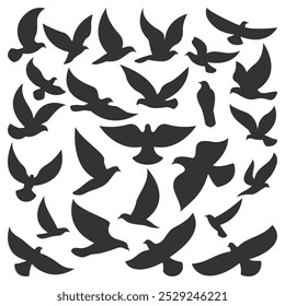 Set of different flying bird in silhouette style vector illustration, flying bird flat vector in solid black color