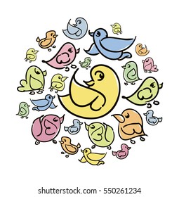 Set of different flying birds hand-drawn. Pastel colors. Vector illustration. Doodle style