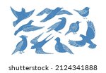 Set of different flying birds in style of minimalism. Simple icon collection of naive style birds , poster or logo elements design template. Vector illustration in simple hand drawn style.