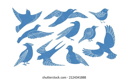 Set of different flying birds in style of minimalism. Simple icon collection of naive style birds , poster or logo elements design template. Vector illustration in simple hand drawn style.