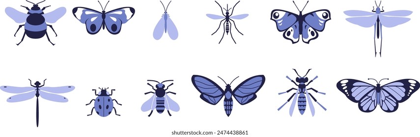 Set of different flying insects. Bumblebee, bee, butterflies.