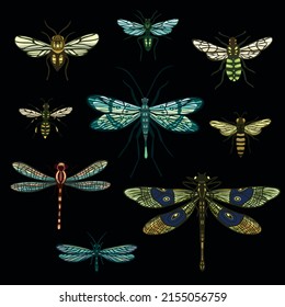 Set of different flying insects on black background. Dragonflies and bees ilustrations on dark background