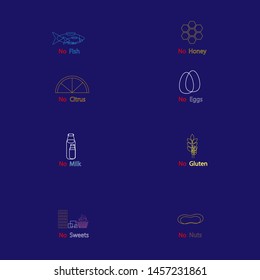 Set of different food allergens. contours of colorful atopens on dark blue background. vector illustration with text