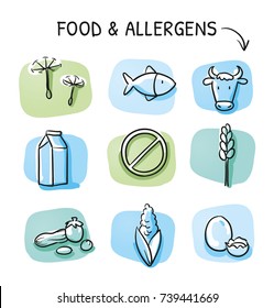 Set of different food allergy declaration and meat free icons, for packaging on blue and green tiles. Hand drawn cartoon sketch vector illustration, marker style coloring. 