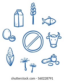 Set of different food allergy icons, for packaging. Hand drawn line art cartoon vector illustration.