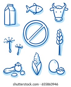 Set of different food allergy icons, for packaging. Hand drawn line art cartoon vector illustration with plain blue shading.