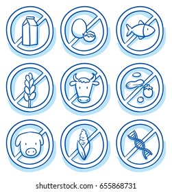 Set of different food allergy icons and gene free icon, for packaging. Hand drawn line art cartoon vector illustration with plain blue shading.